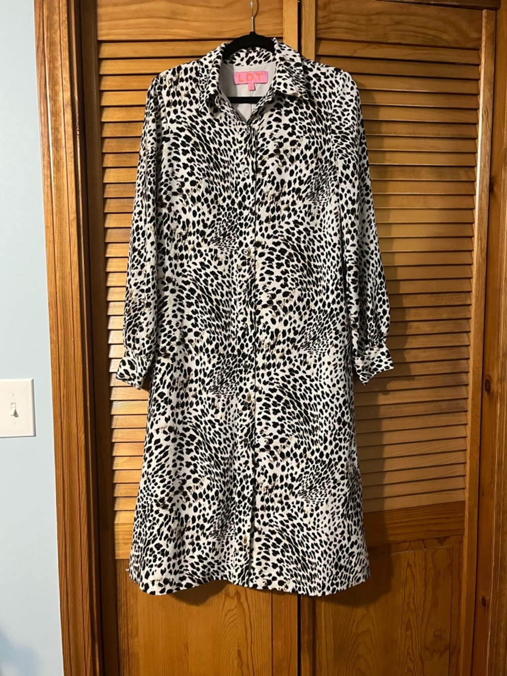 LDT Leopard Print Long Sleeve Midi Shirt Dress